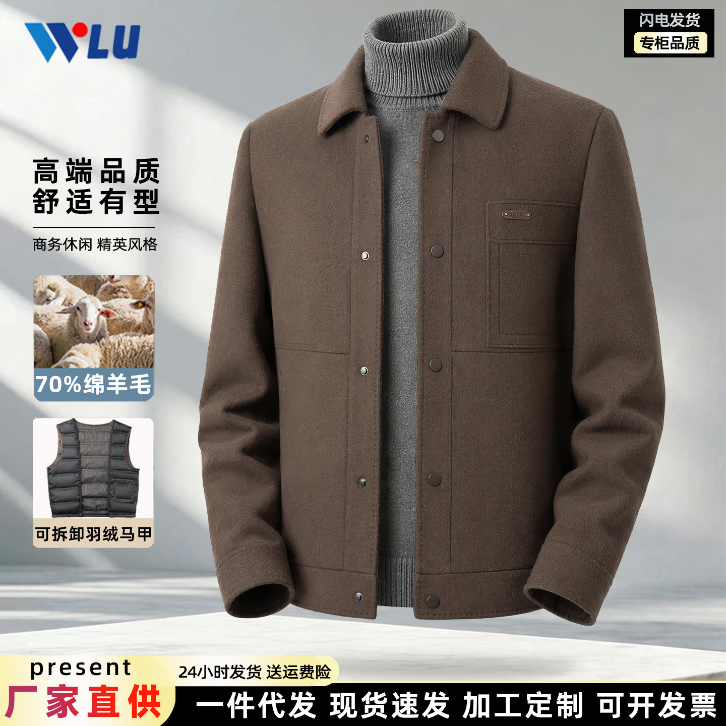 Men's double-faced wool work jacket, autumn and winter thickened down lining, business casual short wool coat.