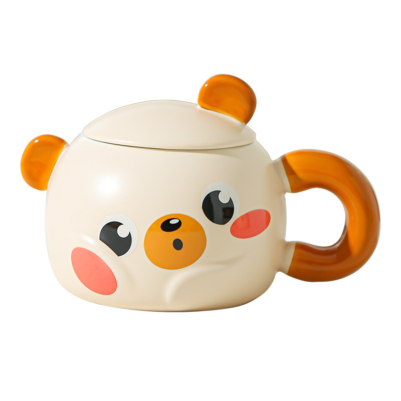 Taza de cerámica creativa de dibujos animados con tapa para desayuno casero de pareja de niños de alto valor de cara para acompañantes de regalo de taza