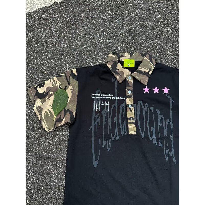 Men's Clothing Men's Hip Hop Camouflage Patchwork Collared Short Sleeve T-Shirt Trendy Streetwear Loose Fit Casual Five Quarter Sleeve For Couples_viptrois.com