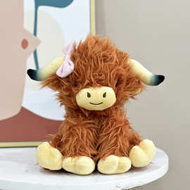跨境 新款Highland Cow仿真苏格兰高地牛戴蝴蝶结 毛绒玩偶公仔