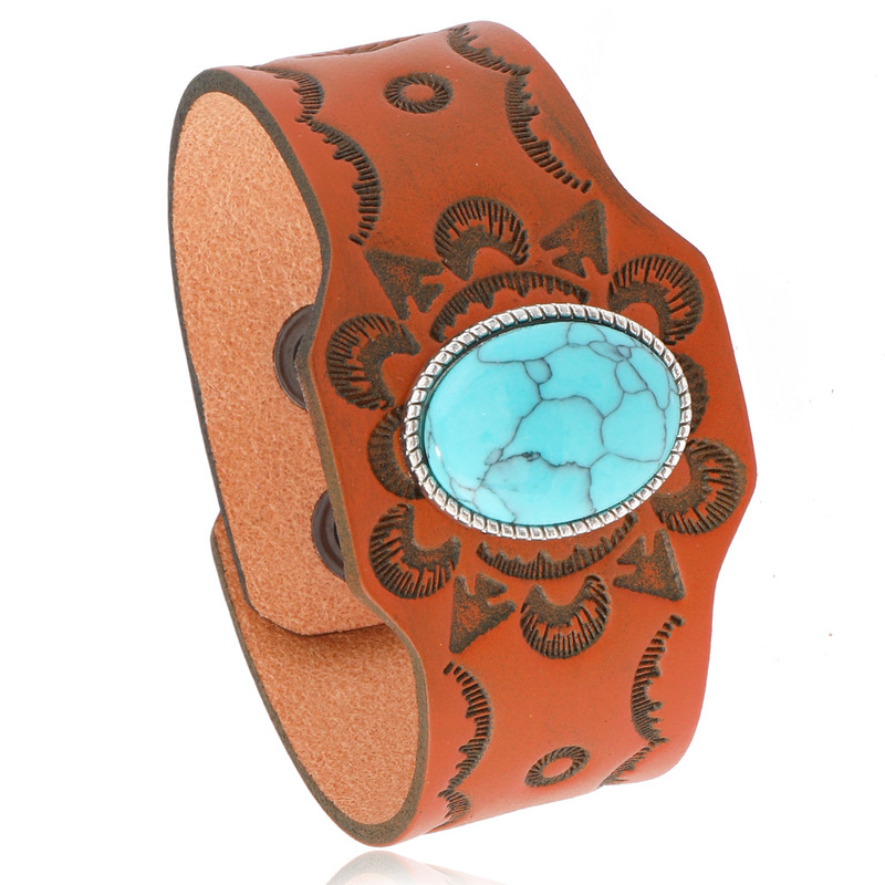 Boho Style Retro Turquoise Adjustable Cowhide Bracelet Simple Embossed Old Wide Leather Men's Bracelet Boho Style Retro Turquoise Adjustable Cowhide Bracelet Simple Embossed Old Wide Leather Men's Bracelet