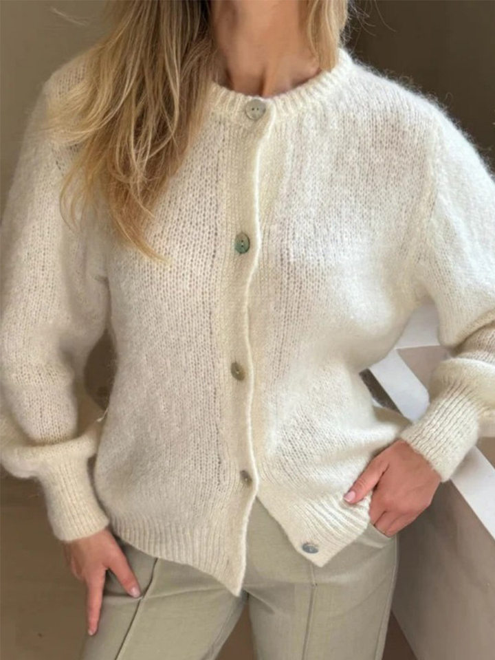 Áo cardigan len dệt kim dáng mỏng nhẹ cài nút một hàng, tay dài cổ tròn nữ — hoa hồng đỏ, màu be, màu cam, màu hoa cà chi tiết 56
