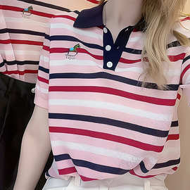 条纹Polo领刺绣短袖针织衫欧洲站夏季薄款洋气冰丝T恤上衣CX7530