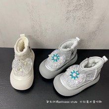 全鞋亮片装饰水钻薄纱蝴蝶结女童公主风加厚保暖雪地靴2025年单品