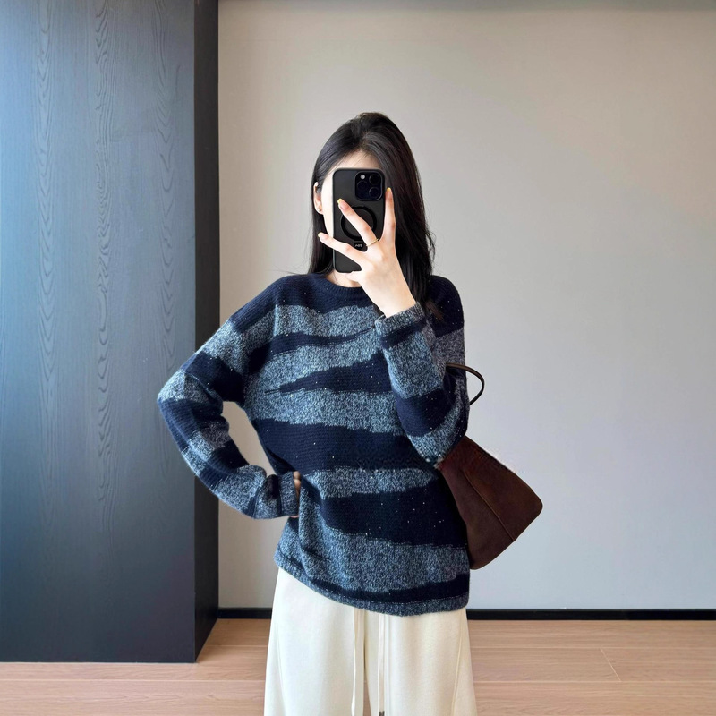 X Fixed Consumption Cow Velvet~Ju Slimming Look Color Lazy Sequin Asymmetrical Stripesd Wool Sweater Women's Autumn and Winter New Style 25 X Fixed Consumption Cow Velvet~Ju Slimming Look Color Lazy Sequin Asymmetrical Stripesd Wool Sweater Women's Autumn and Winter New Style 25
