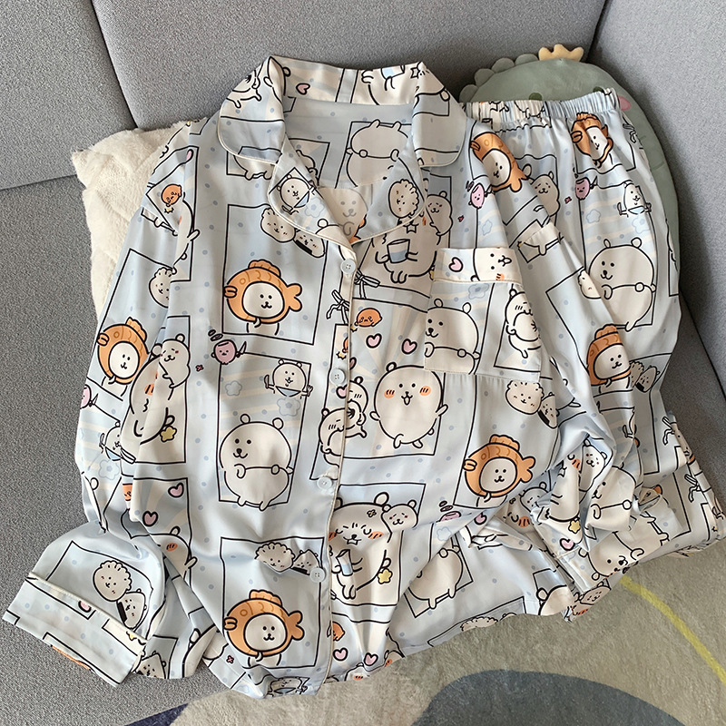 Entidad al por mayor productos de alta calidad primavera nuevo pijama de seda de hielo y nieve para mujeres delgada de verano dibujos animados set de ropa para el hogar se puede usar fuera