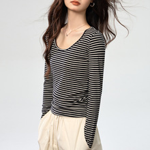 260g天丝莱赛尔条纹打底衫女长袖T恤2025秋新款大U领百搭正肩上衣