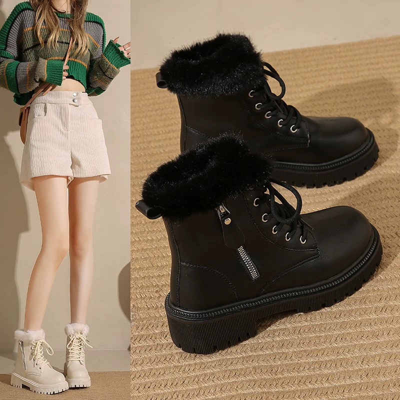 Martens ankle boots, fleece‑lined platform sole, lace & side zipper, Korean style, sizes 35–42