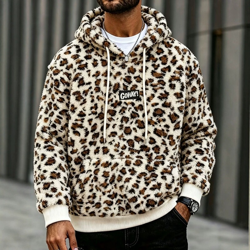 Cross-border foreign trade autumn and winter men's hooded sweatshirt, flannel leopard print 3D printed plush casual versatile top Cross-border foreign trade autumn and winter men's hooded sweatshirt, flannel leopard print 3D printed plush casual versatile top