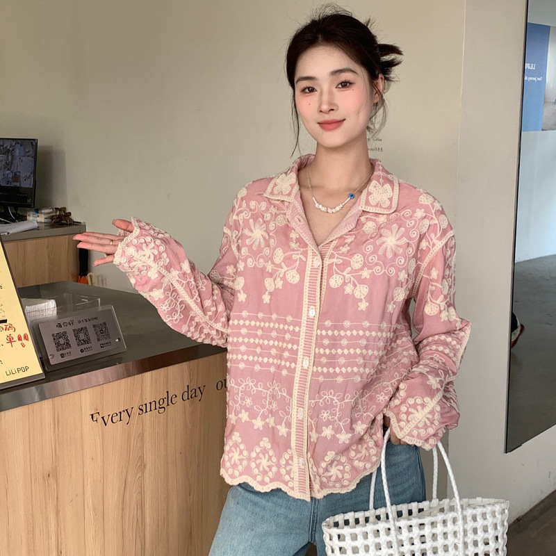 French Style Socialite Polo Collar Shirt Women's Spring Heavy Embroidered Design Loose Elegant Chic All-match Top French Style Socialite Polo Collar Shirt Women's Spring Heavy Embroidered Design Loose Elegant Chic All-match Top