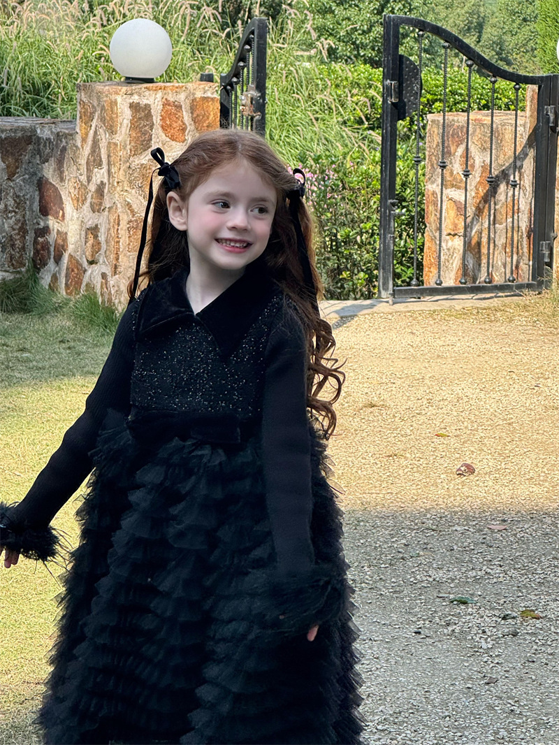 orange 24 winter girls fleece-lined mesh princess dress girls retro french vest dress dress