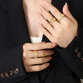 Marka法式风格螺纹条纹开口戒指女食指戒指环钛钢18k金饰品 A209