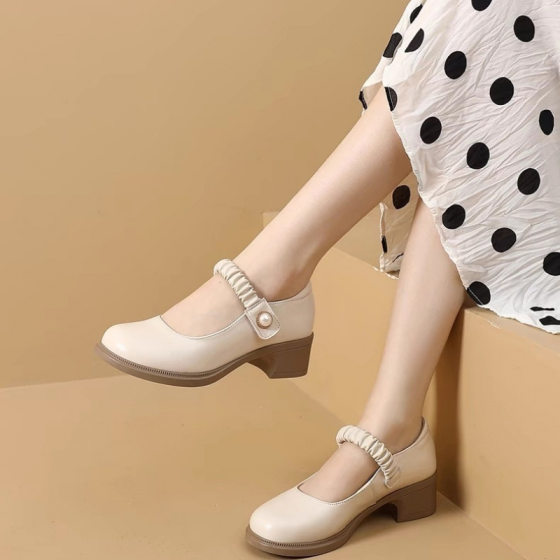 2024 Spring and Summer New Single Shoes Women's Soft Sole Soft Surface Comfortable Women's Shoes Shallow Mouth Middle Heeled Leather Round-toe Small Leather Shoes