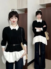 大码胖MM设计感撞色polo领假两件上衣早秋韩系不规则气质长袖衬衫