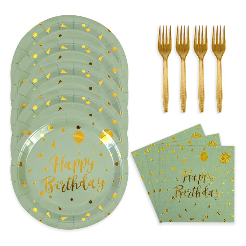 Cross-Border Amazon Hot-Selling Sage Green Birthday Balloon Party Disposable Tableware Set Party Plates