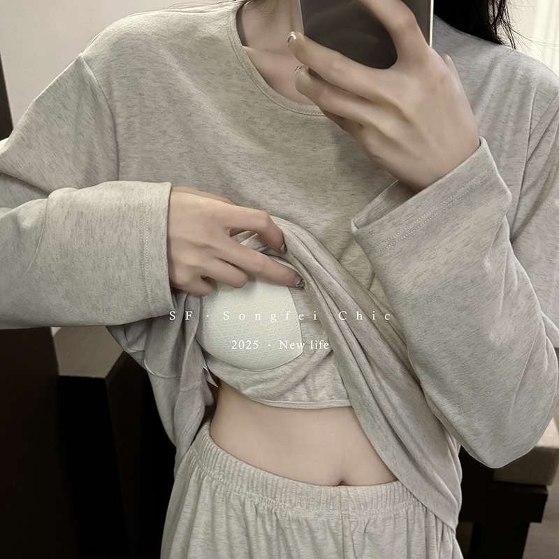 3734带胸垫秋冬新款睡衣套装长袖宽松圆领套头显瘦家居服女家居服|undefined