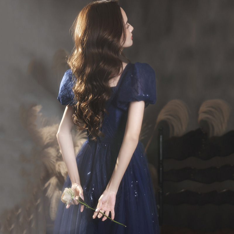 Azul banquete vestido de noche para las mujeres 2024 nueva primavera temperamento anfitrión vocal Música arte examen vestido Reunión Anual vestido