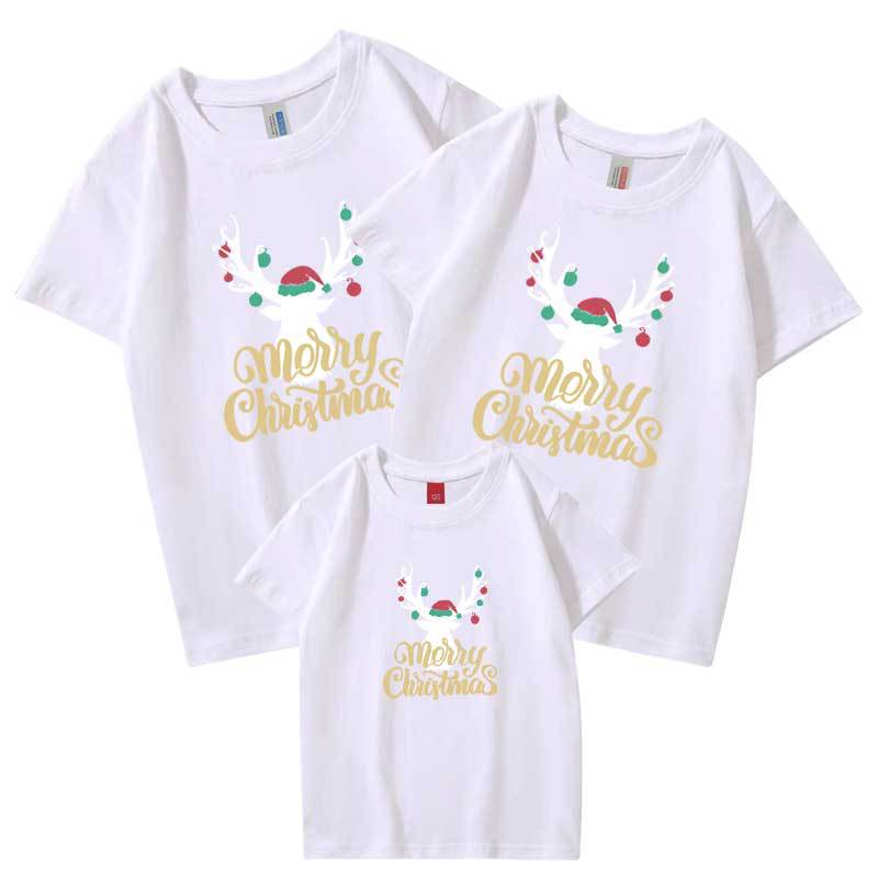 Camiseta al por mayor carta de verano cabeza de ciervo de Navidad autoproducido y vendido algodón refinado ropa de padre-hijo ropa de clase ropa para niños manga corta cuello redondo