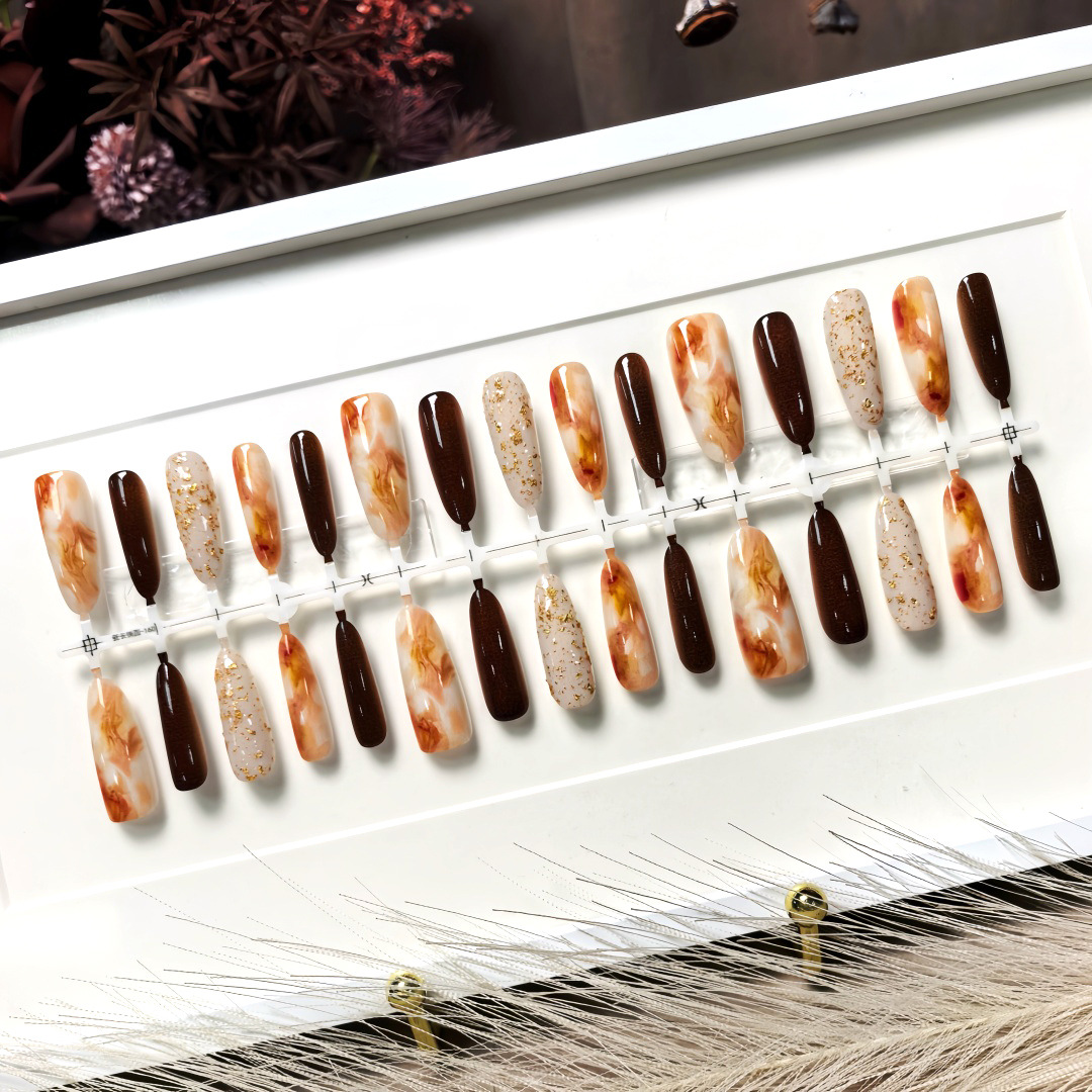 S785【Gold Foil Evening Tea】Pre-made nails, light luxury Maillard style, elegant wearables, long nail tips
