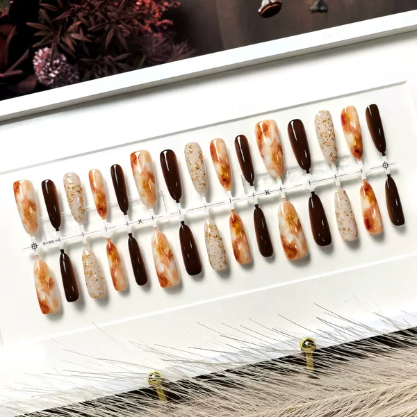 S785【Gold Foil Evening Tea】Pre-made nails, light luxury Maillard style, elegant wearables, long nail tips