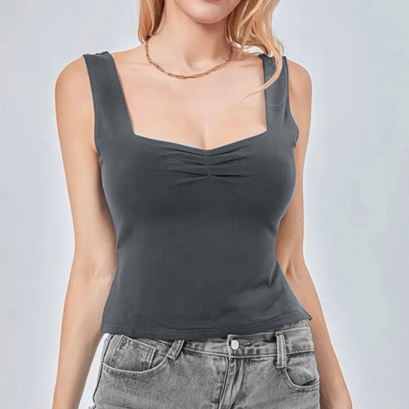 Cross-Border European and American New Style Backless Vest, Solid Color Square Neck, Slit, Double-Layer, Small Quantity Custom-Made European and American Vest