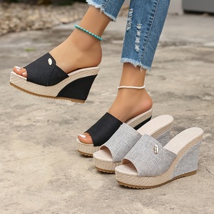 2025 cross-border new European and American high-heeled women's cloth wedge sandals cross-border dropshipping