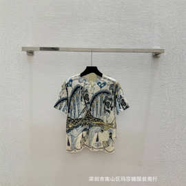 26早秋新款撞色简约圆领复古织花短袖气质百搭细羊毛毛衣上衣