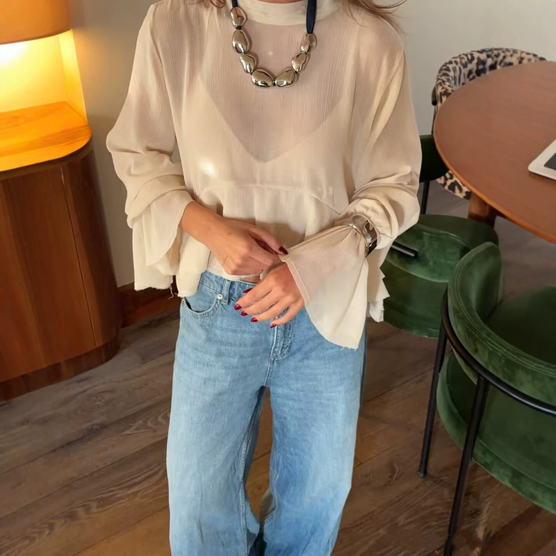 Back-Tie Bow, Flared Sleeves, Round Neck, Semi-Transparent Chiffon Layered Sweet Blouse Top 5039404 Back-Tie Bow, Flared Sleeves, Round Neck, Semi-Transparent Chiffon Layered Sweet Blouse Top 5039404