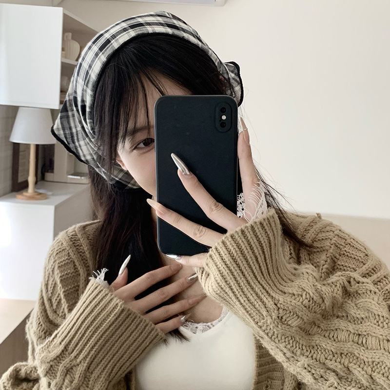 Pañuelo en la cabeza, estilo pastoral femenino de verano, bufanda de cuello suave y transpirable, bufanda decorativa, bufanda triangular a cuadros de doble cara, bufanda de seda, cinturón para el cabello