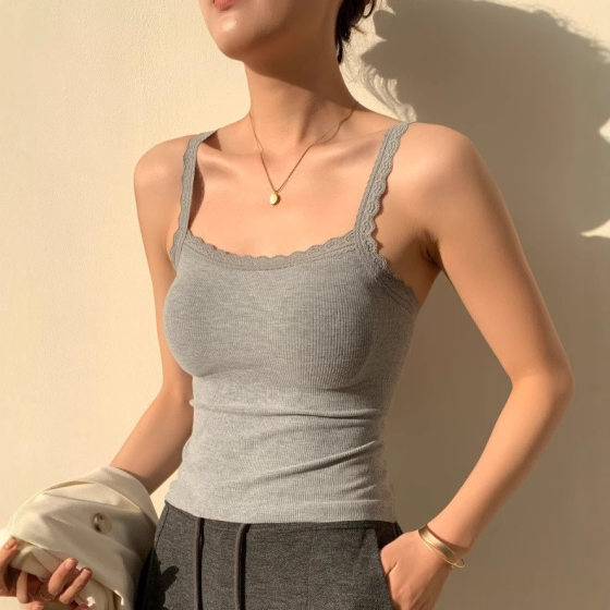 Spring and Summer New Korean Ins Style Threaded Vest Women's Sling Integrated Bracket Pad Fixed Cup Binning Beautiful Back