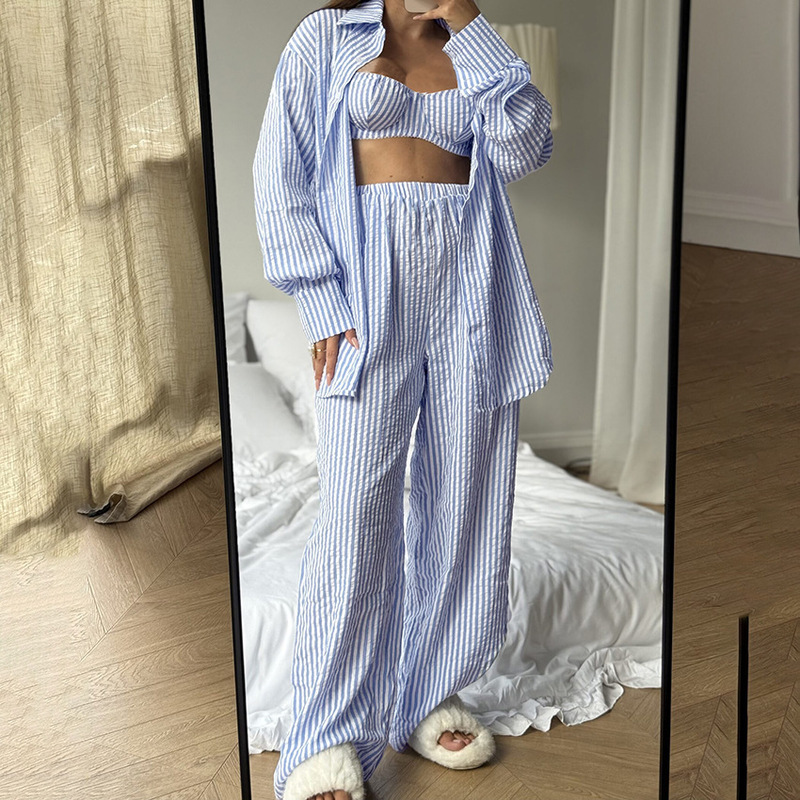 2026 Spring New European and American Style Color-Block Striped Three-Piece Pajama Set, Soft and Skin-Friendly Women's Loungewear, Can Be Worn Outside