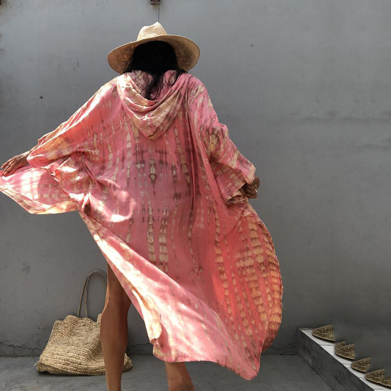 Rayon Water Print Bikini Cover up Loose Dress Sexy Cardigan Beach Sun Protection Shirt European American Style Women's Clothing Swimwear_ecoleips.com