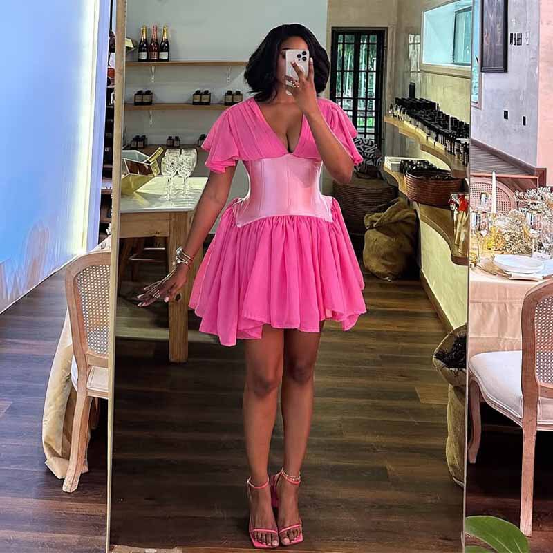 Amazon Short-Sleeved European and American Cross-Border 2025 Summer New Lady Style Bright Pink V Ruffle Sleeve Dress