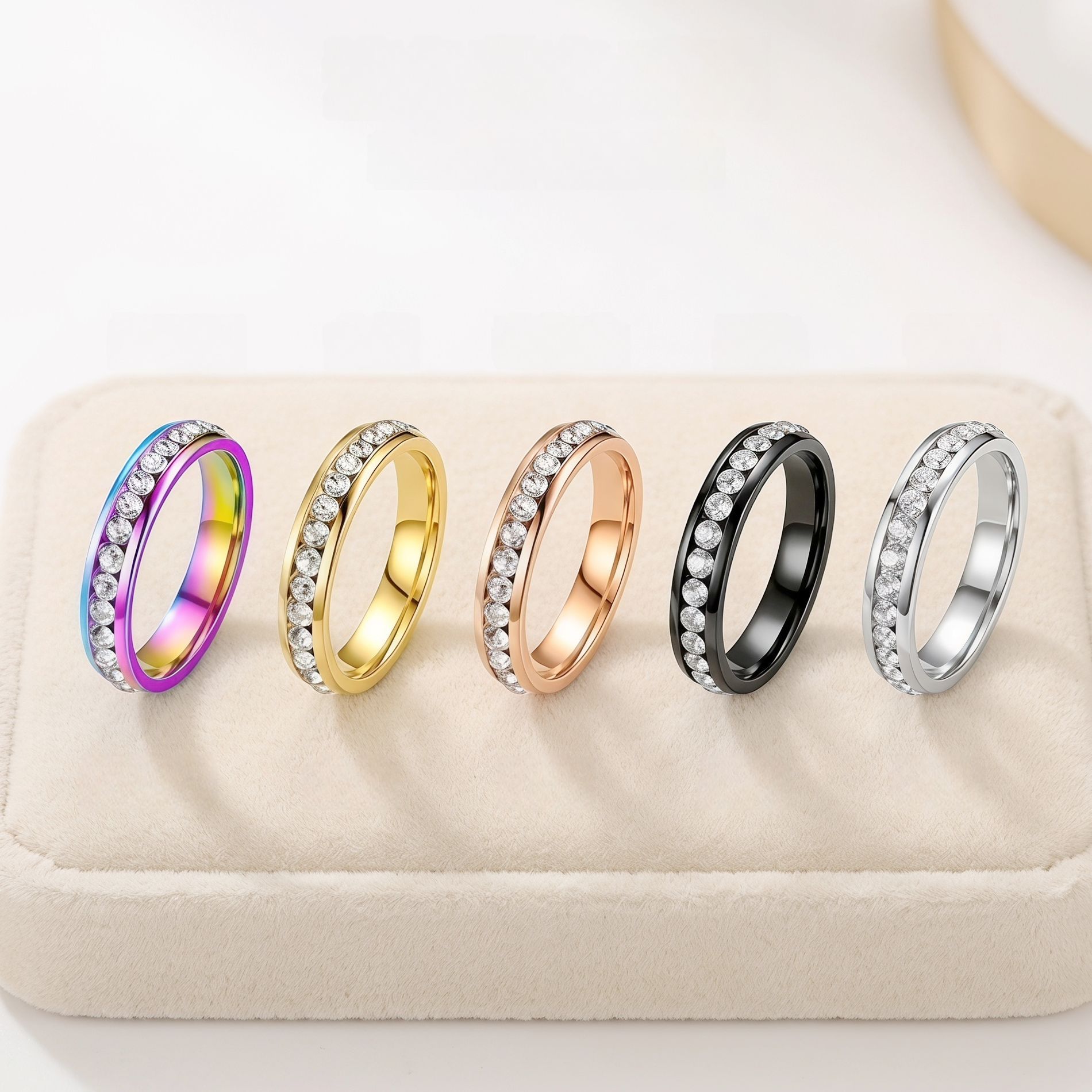 Niche luxury single-row full-diamond stainless steel ring for women, non-fading, fashionable couple's ring, titanium steel plain ring