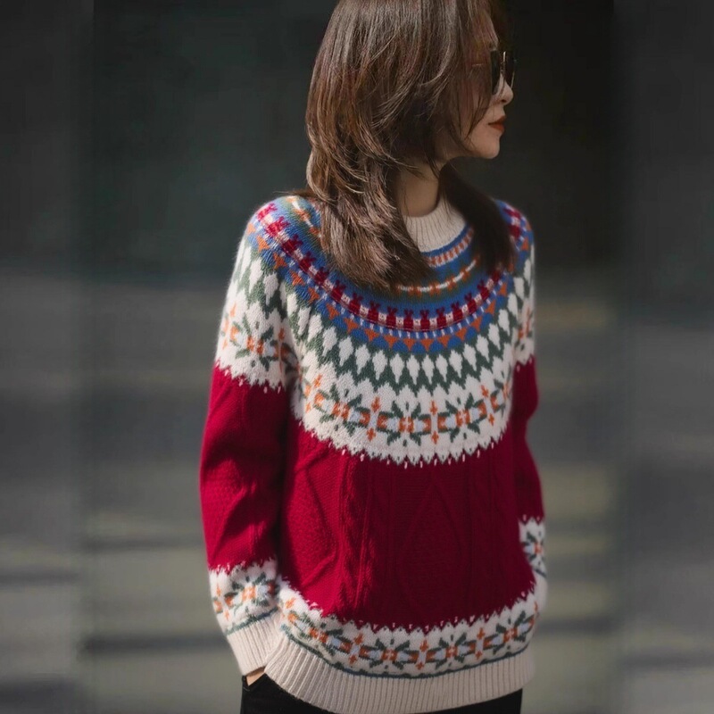 Fair Isle Jacquard Christmas Pure Wool Sweater for Women, European Style, Heavy-Duty Twist Pattern, Loose and Thick Sweater for Autumn and Winter Fair Isle Jacquard Christmas Pure Wool Sweater for Women, European Style, Heavy-Duty Twist Pattern, Loose and Thick Sweater for Autumn and Winter