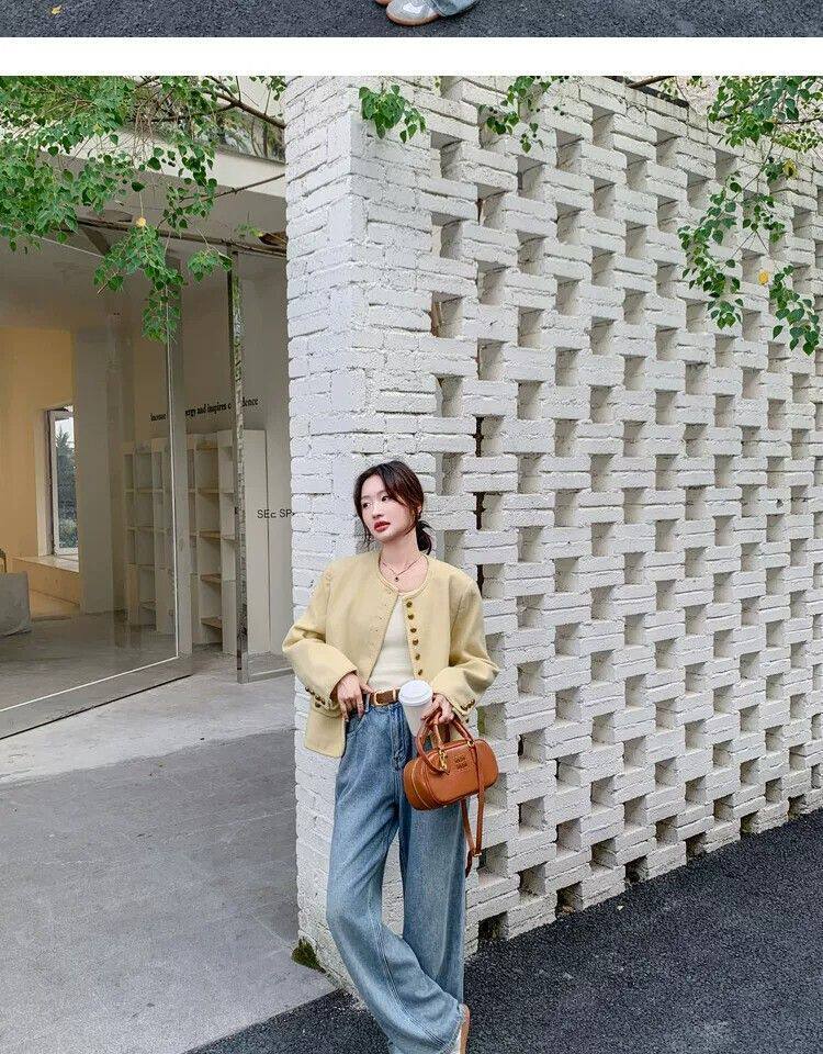 Áo khoác nữ dáng ngắn cổ tròn phong cách retro thanh lịch, form rộng, chất liệu tweed — Ren vàng chi tiết 11