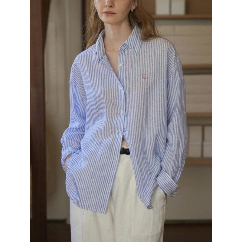 Nice People2026Ss Linen Striped Smiley Face Embroidered Long-Sleeved Shirt Top for Women Summer Physical Sun Protection