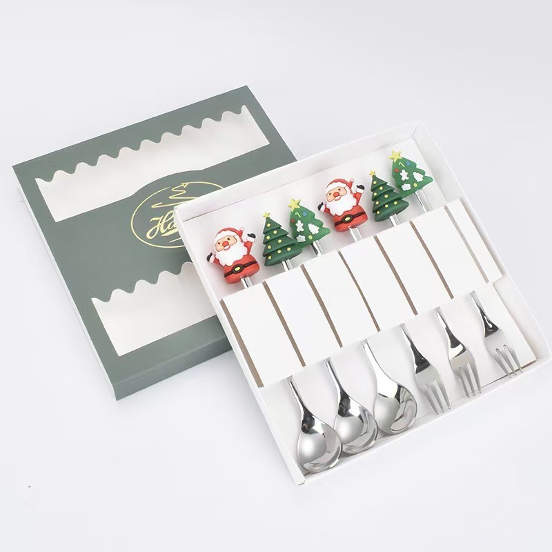 Cucharas de acero inoxidable transfronterizas muñecas de Papá Noel cubiertos cajas de regalo caseras de café mezclador cucharas de postre horquilla de frutas