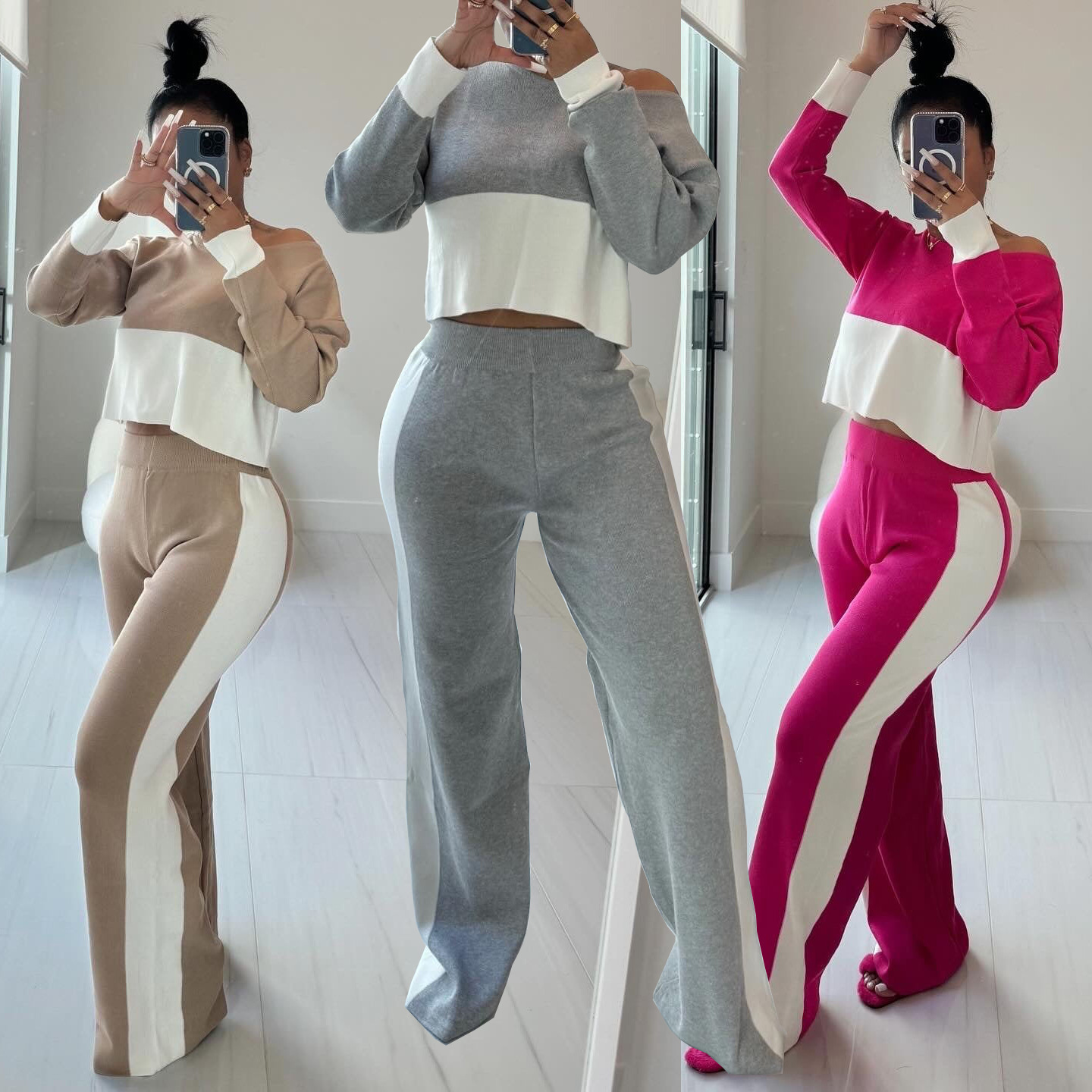 Daily Street Women's Simple Style Color Block Cotton Blend Polyester Contrast Collar Pants Sets Pants Sets display picture 1