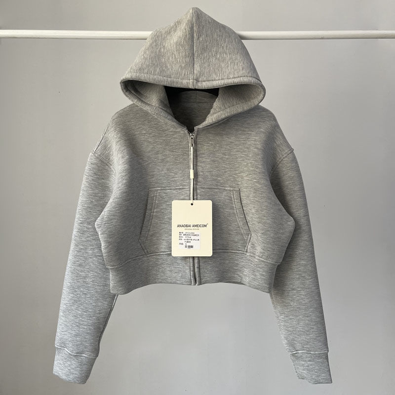 2025 Trendy American Hot Girl Pure Color Air Layer Material Loose Hooded Sweatshirt Women's Spring & Fall Sports Navel-Baring Short Top