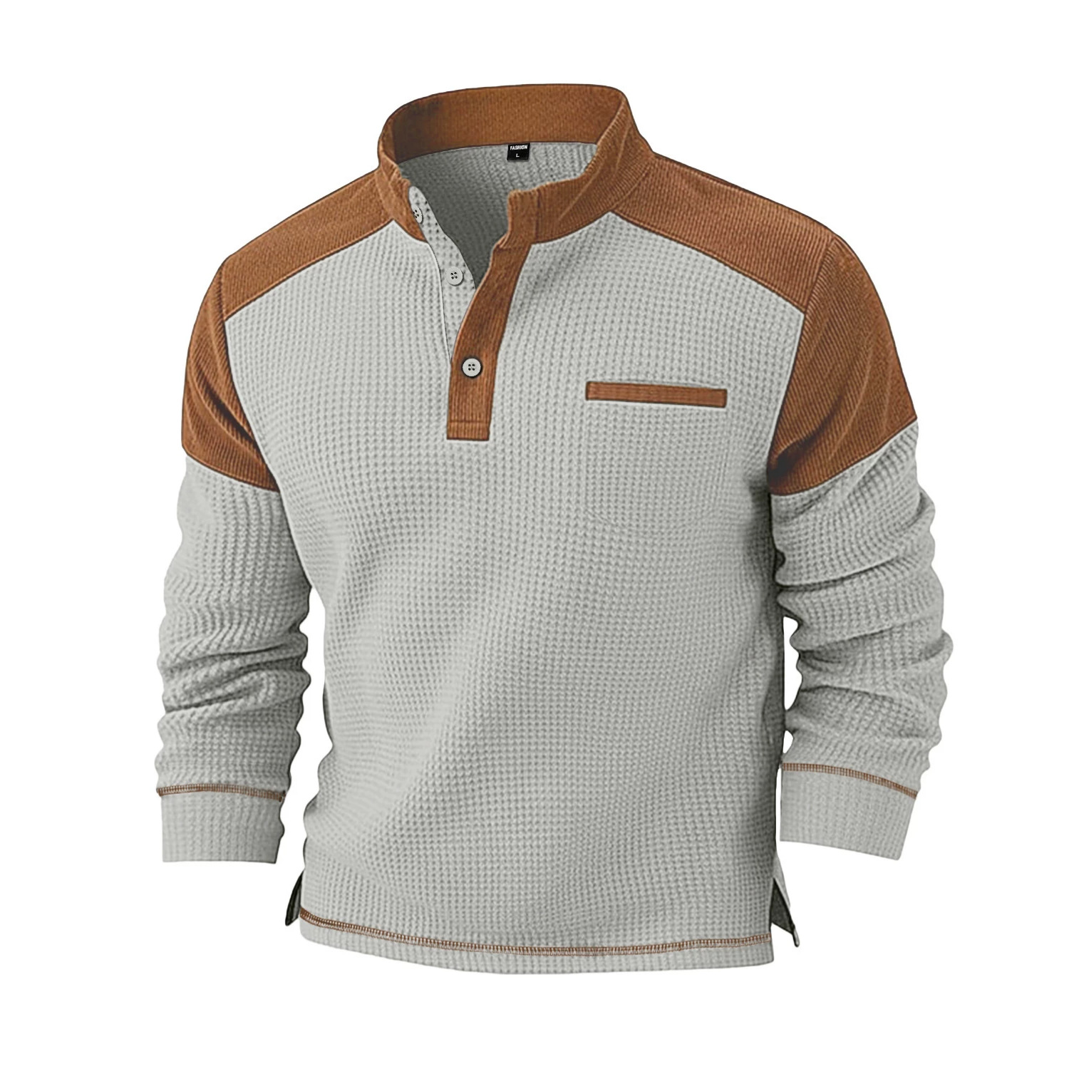 Nueva estación independiente de invierno nuevo hombre transfronterizo Waffle bolsillo falso cuello de pie casual camiseta de vello de manga larga