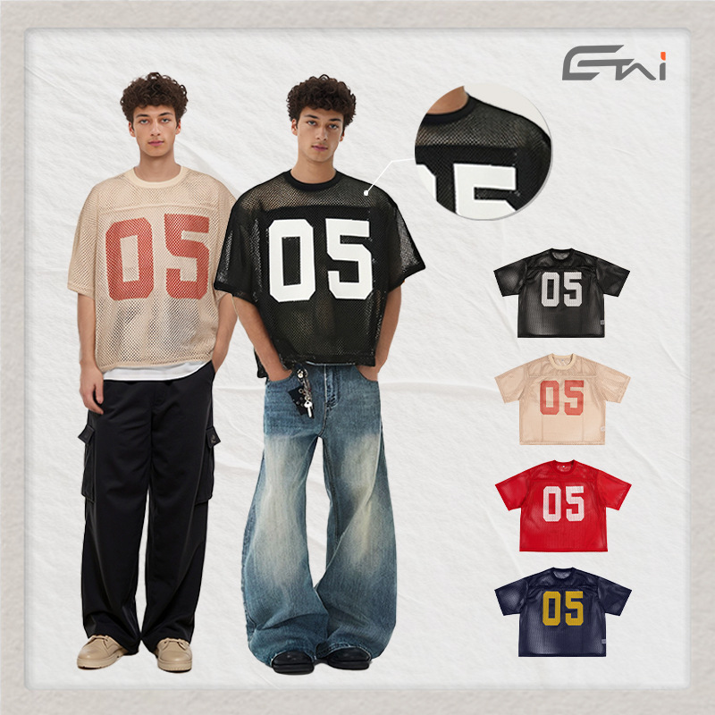 Inventario al por mayor corto y ancho modelo de malla callejera suelta manga corta impresión deportiva casual camiseta de hombre camiseta superior