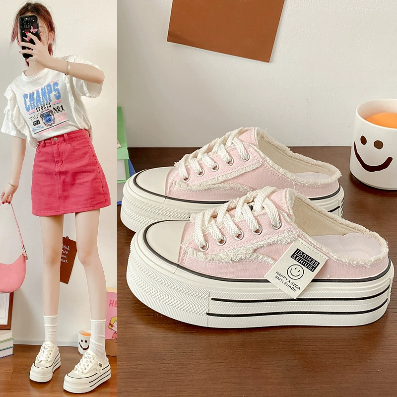 Женские тапочки на толстой подошве, кеды из холщовой ткани, весна 2025, новые, универсальные, в полоску, на шнуровке, спортивные и повседневные, белые.