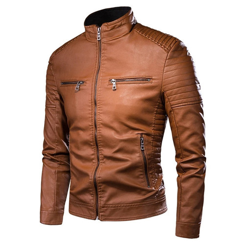 Mid-aged and young men's leather jacket, men's outerwear, autumn and winter fashion, slim fit stand-up collar, trendy leather jacket