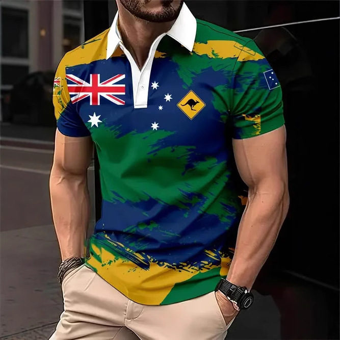 Transfronterizo 2025 nuevo estilo Amazon tendencia de la moda europea y americana casual todo-fósforo botón de manga corta camisa POLO impresión 3D
