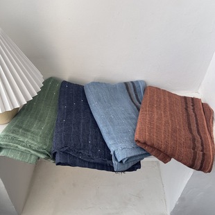 New Japanese Style Retro Literary Style Stripesd Raw Edge Cotton and Linen Scarf for Women Spring & Fall Thin Fashion Versatile Outer Shawl