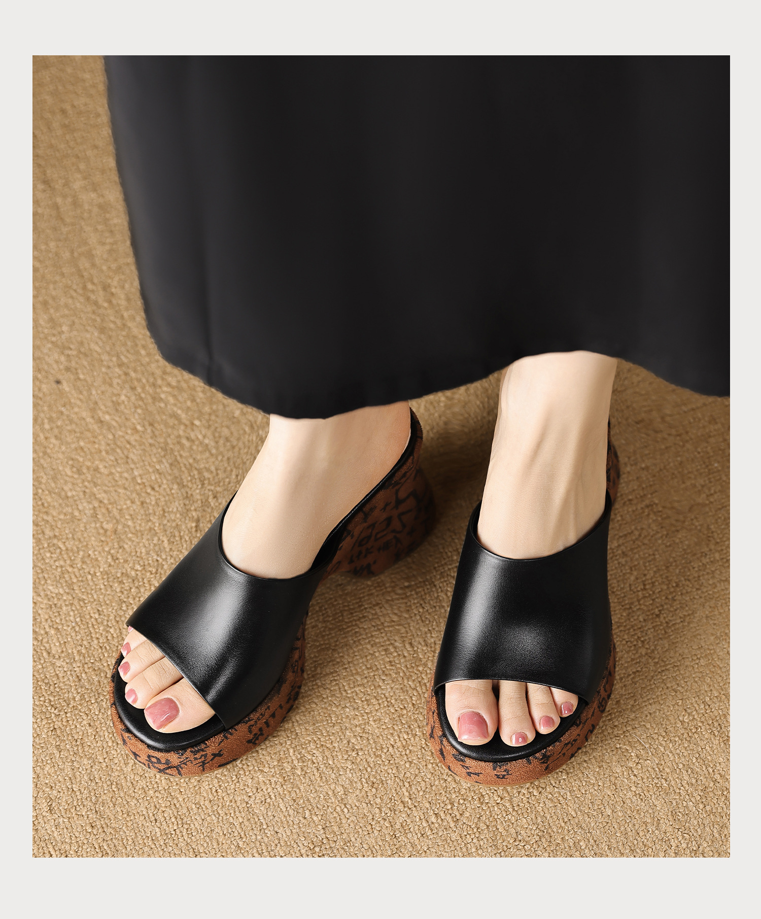 Dép sandal nữ quai chữ V đế xuồng cao phong cách Bohemian, chất liệu da thật, mũi hở, đế dày êm chân — màu đen, màu trắng ngà chi tiết 13