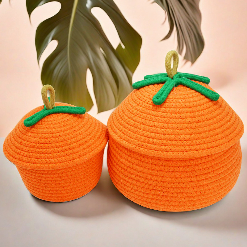 Storage basket with cotton rope woven lid storage box small persimmon storage container with lid storage basket persimmon fortune basket