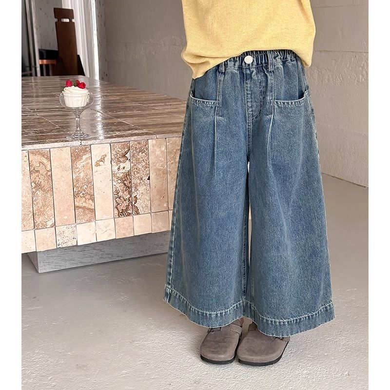 Girls' jeans, 2025 spring new style, Korean style, loose wide-leg pants, fashionable and versatile long pants for baby girls.