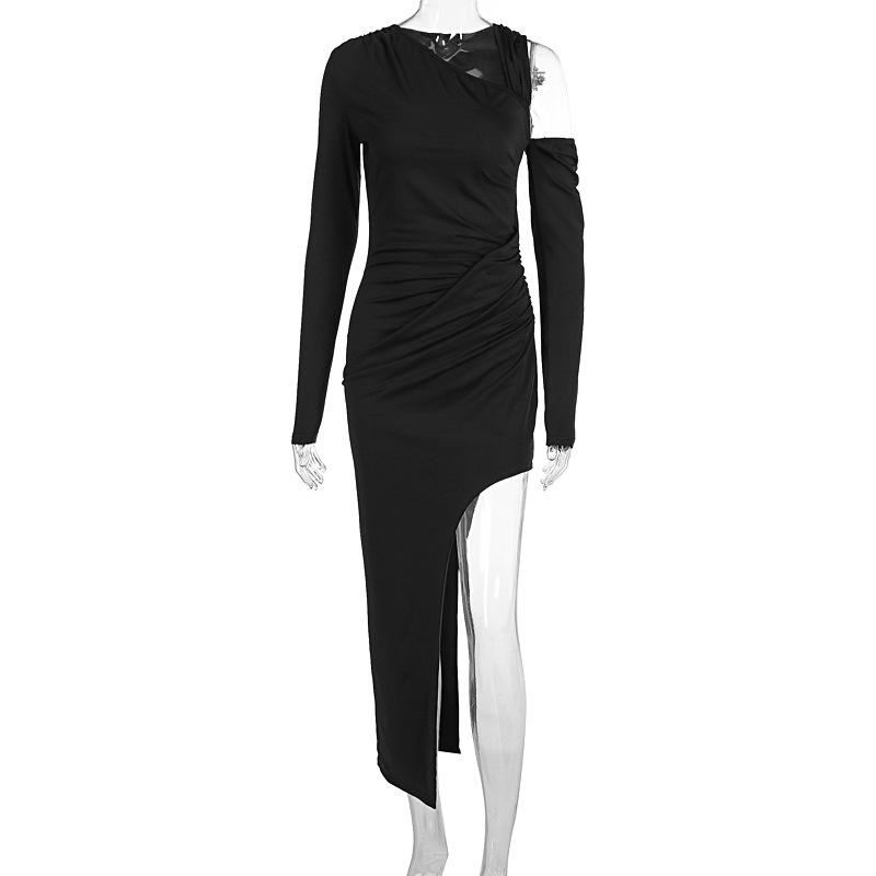 Autumn Winter Sexy Personality Oblique Shoulder Solid Color Slim Women Dress